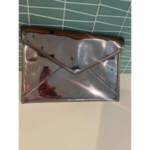 Metallic Silver Envelope Clutch Bag With Snap Closure & Interior Card Slots